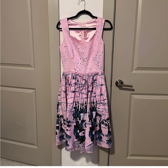 Pinup Girl Clothing Aurora Dress in Pink Castle Print - Picture 2 of 4